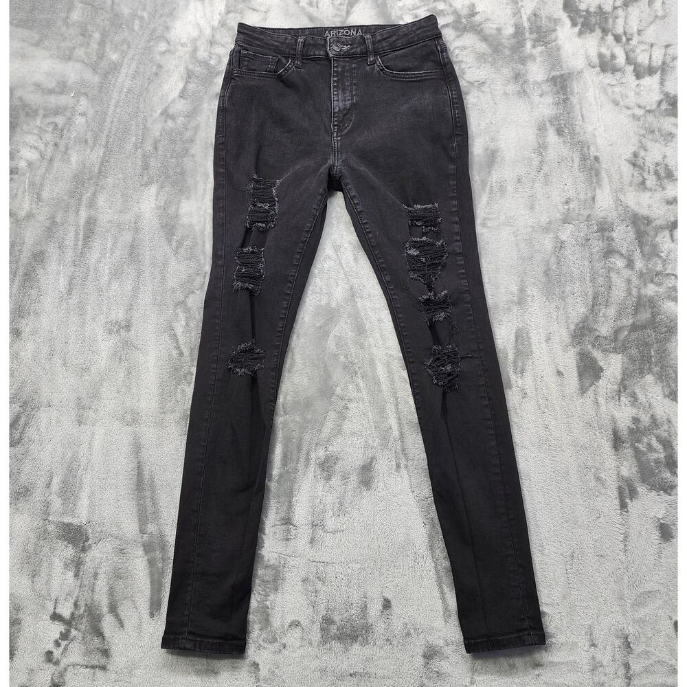 Arizona Jean Co Jeans Womens 7 LONG Black Distressed Ripped High Rise Jegging